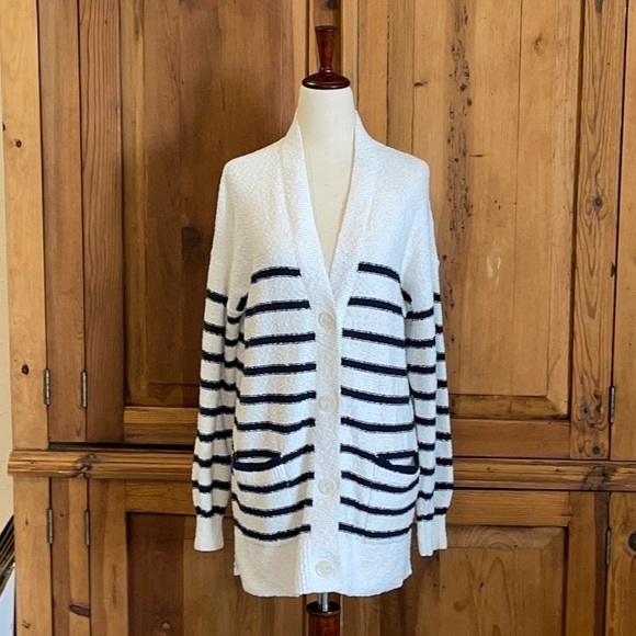 LOFT Sweaters - LOFT White & Blue 100% Cotton Cardigan Pockets Buttons Sz.S